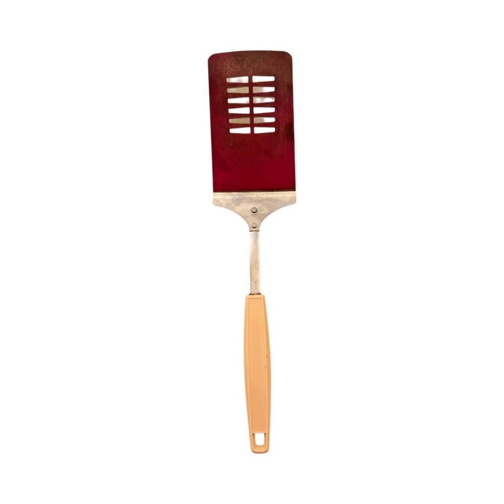Vintage‎ EKCO USA Slotted Spatula Turner Stainless Steel Tan Plastic Handle MCM